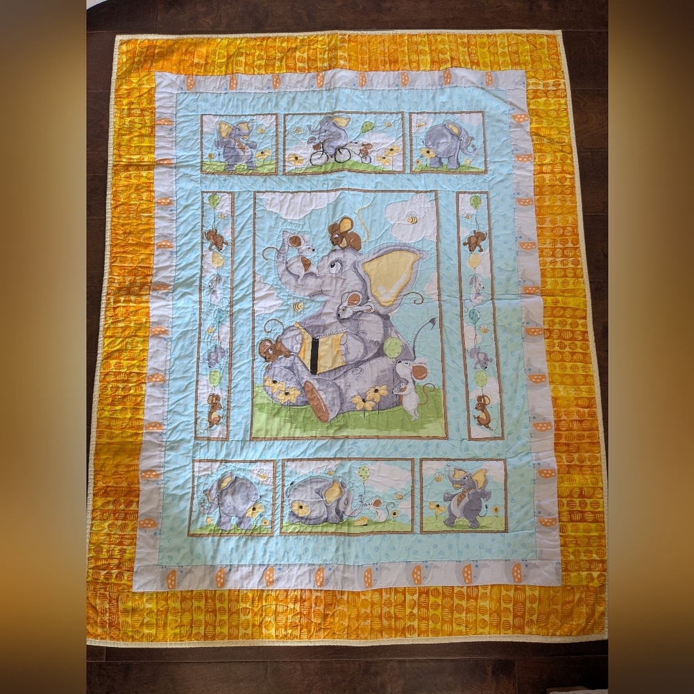 Baby Blanket Crib Comforter Quilt Animals Elephants Mouse Flowers Orange Yellow